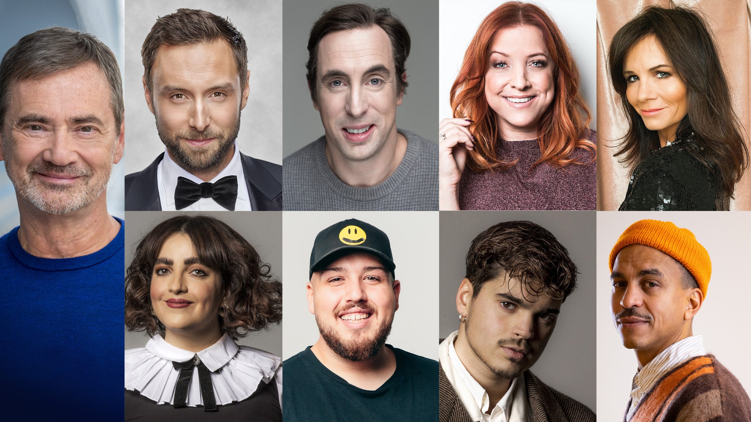 Christer Björkman, Måns Zelmerlöw, Per Andersson, Shirley Clamp, Lena Philipsson, Shima Niavarani, Anis Don Demina, Oscar Zia och Jason Diakité programleder Melodifestivalen 2021. Foto: Jan Danielsson, SVT, Christopher Schauz, Kitty Lingmerth, Lena Philipsson, Peter Knutson, Knut Koivisto, Freddie Boston.